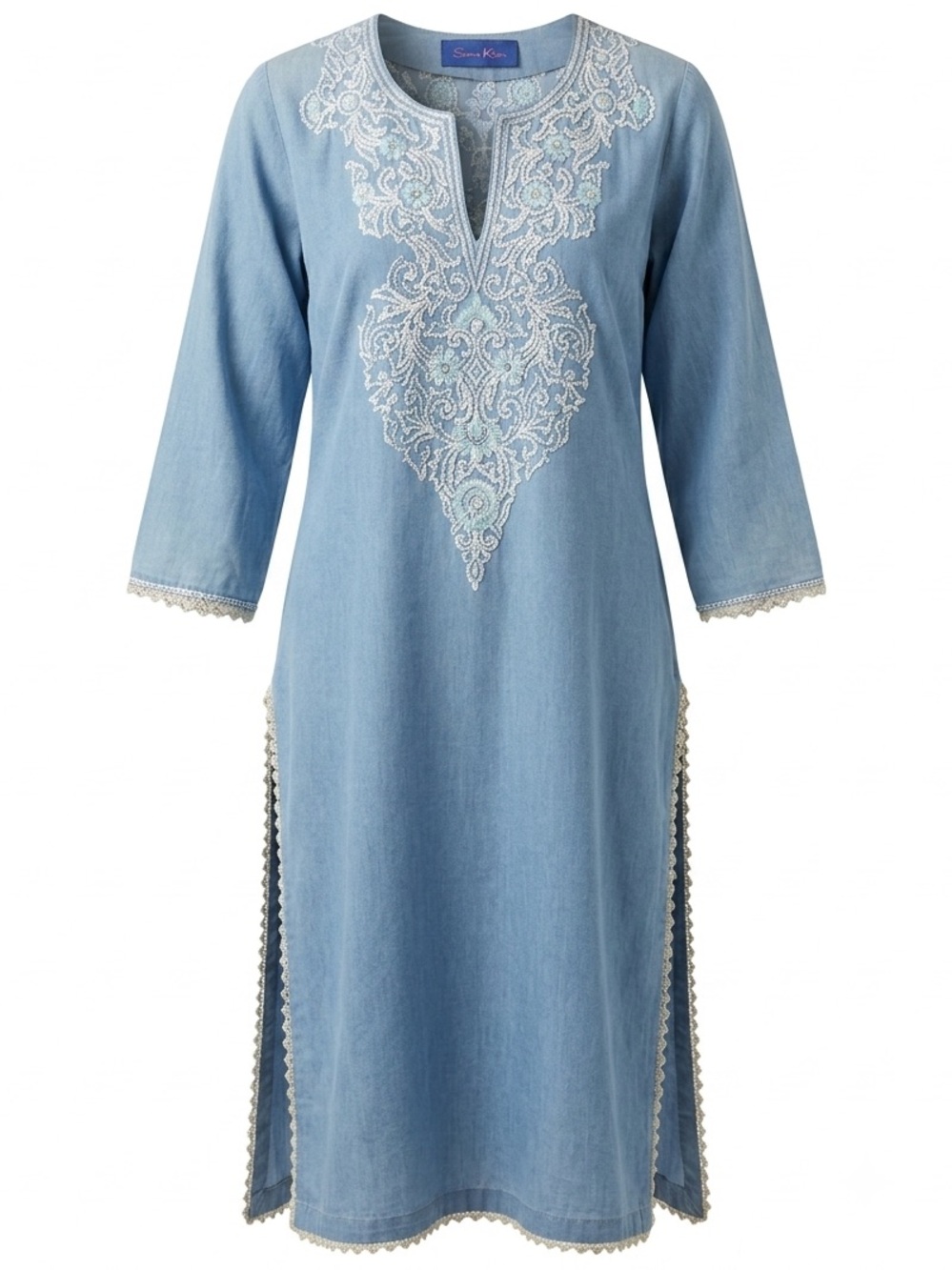 Seema Khan Light Blie Chambray Embroidered Kurti Tunic Dress Long Side Slits
